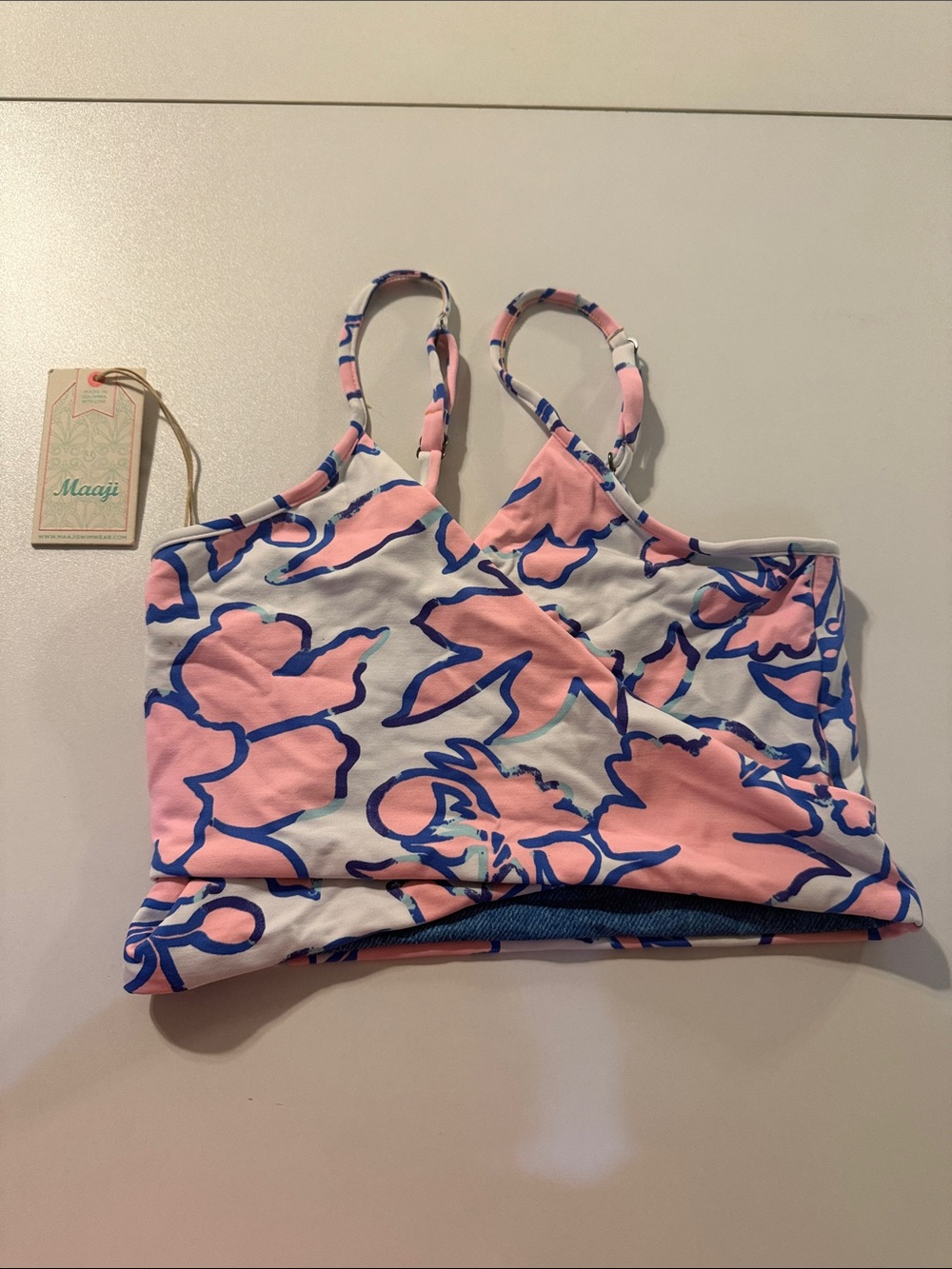 Maaji Pink, Blue & White Floral Girls Swim Top - reversible